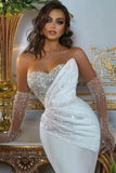 White Long Sleeve Sweetheart Beaded Mermaid Wedding Dress with Detachable Skirt BM bride