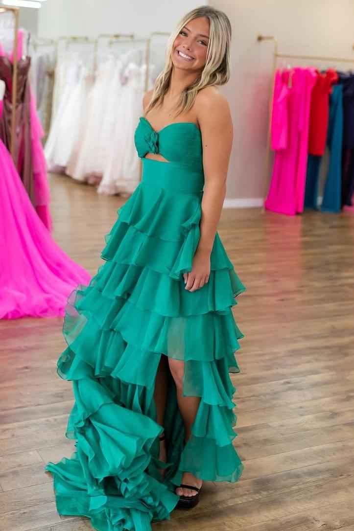 Strapless Sleeveless Long Split Prom Dress With Pleated Ruffles