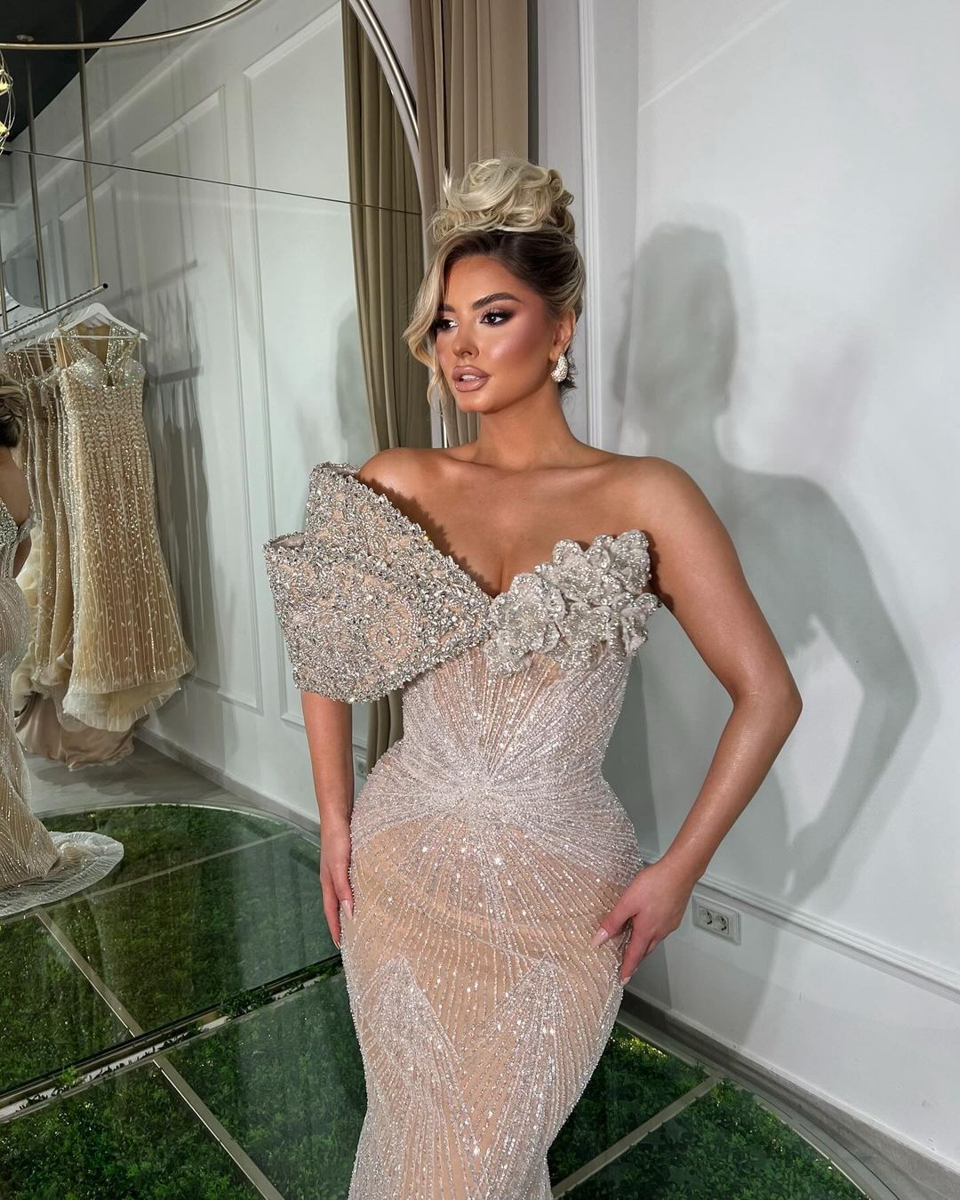 Luxurious Champagne Long Mermaid Evening Dress with Asymmetric Bead Embroidery BM bride