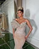 Luxurious Champagne Long Mermaid Evening Dress with Asymmetric Bead Embroidery BM bride