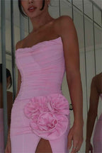 Charming Pink Strapless Sleeveless Pleated Long Prom Dress With High Split