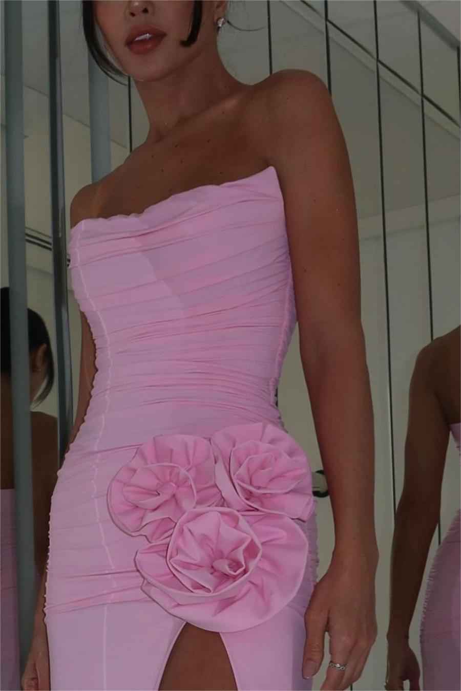 Charming Pink Strapless Sleeveless Pleated Long Prom Dress With High Split