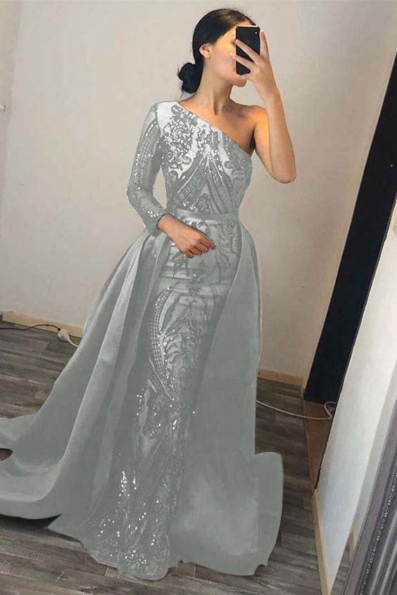 Dark Green Overskirt One Shoulder Long Sleeve Mermaid Prom Dress With Sequins BMBRIDE