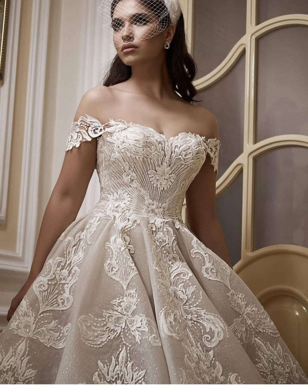 Off-the-Shoulder Floor-Length Church A-Line Wedding Dress with Lace Appliques BM bride