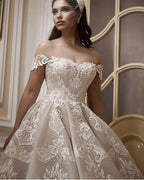Off-the-Shoulder Floor-Length Church A-Line Wedding Dress with Lace Appliques BM bride
