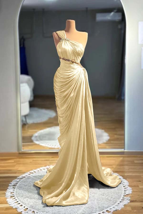 One Shoulder Sleeveless Long Mermaid Prom Dress With Pleated BMBRIDE