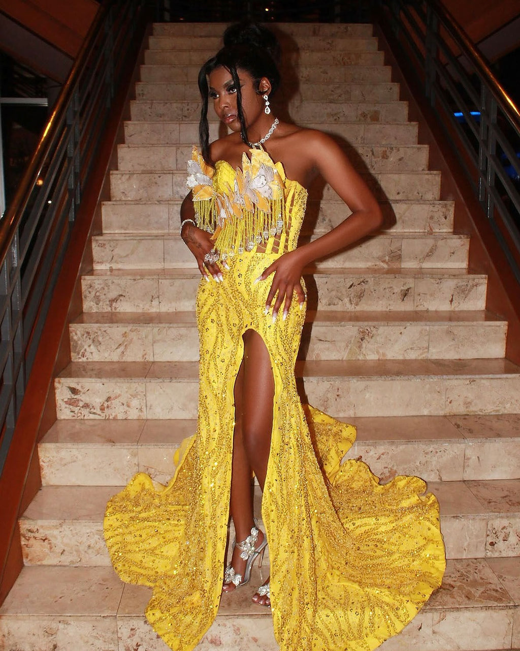 The Golden Sunflower - 2026 Off-Shoulder Lace Mermaid Gown: White Floral Appliqués with Crystal Fringe & Yellow Lace Train