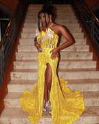 The Golden Sunflower - 2026 Off-Shoulder Lace Mermaid Gown: White Floral Appliqués with Crystal Fringe & Yellow Lace Train