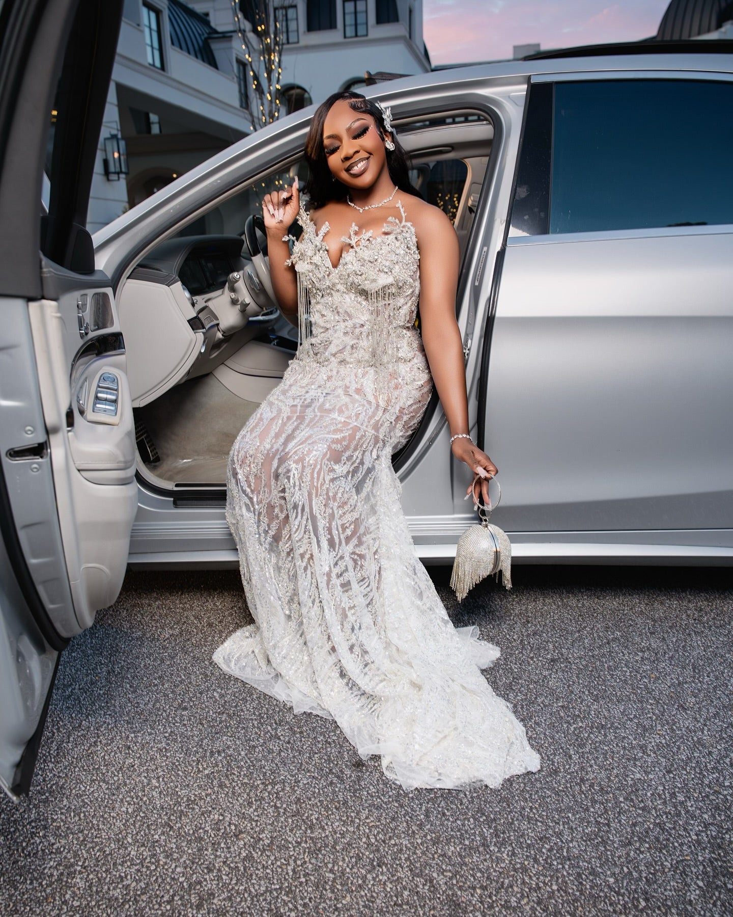 The Silver Crystal - 2026 Beaded Mermaid Gown: Illusion Neckline with Cascading Crystal Fringe & 3D Floral Appliqués