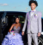 Lavender Dream - Purple Crystal Beaded Sheer Bodice Prom Dress with Ruffle Feather Skirt