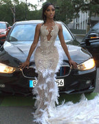 The White Angel - 2026 White Silver Crystal Feather Mermaid Gown: Plunging V-Neckline with Crystal Straps, Open Back & Feather Cathedral Train
