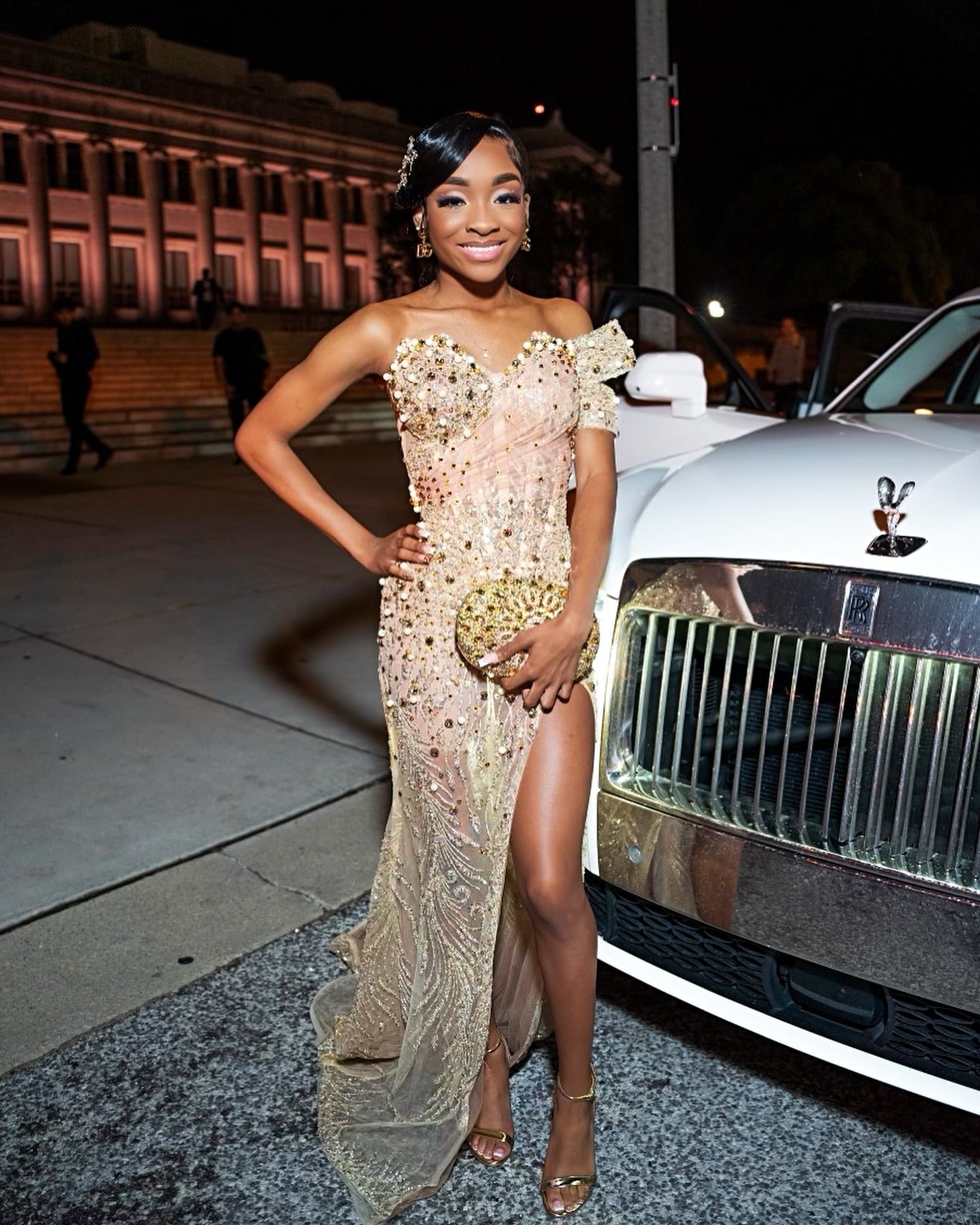 The Golden Siren - 2026 Champagne Gold Crystal Illusion Mermaid Gown: Off-Shoulder Sleeves with Sheer Bodice, High Slit & Sweep Train