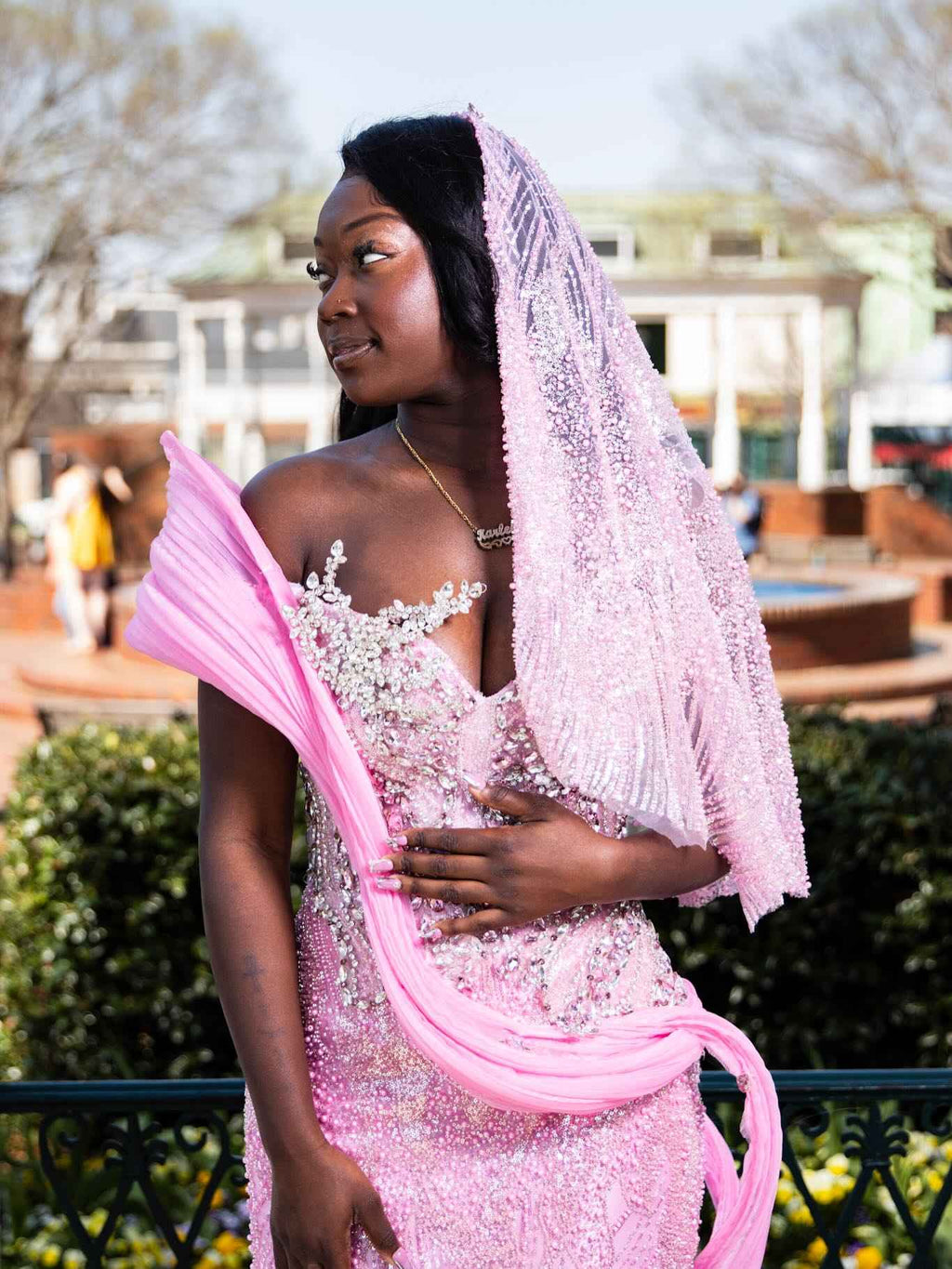 Pink Glow - Sequin Beaded Mermaid Prom Dress with Draped Chiffon Wrap