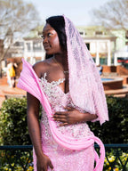 Pink Glow - Sequin Beaded Mermaid Prom Dress with Draped Chiffon Wrap