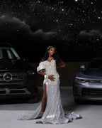 Starlight Dream - Silver Crystal Beaded Off-Shoulder Mermaid Prom Dress with Thigh Slit