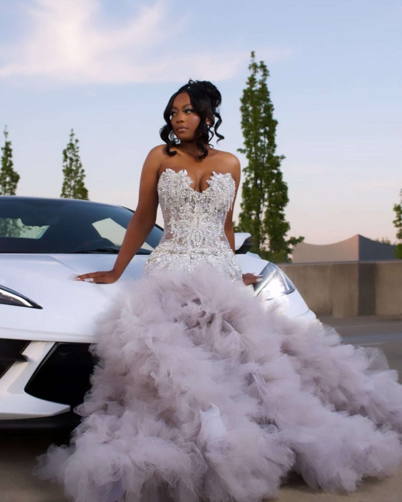The Silver Cloud - 2026 Crystal Beaded Mermaid Gown: Sweetheart Neckline with Cascading Crystal Fringe & Extravagant White Tulle Cloud Ruffle Train