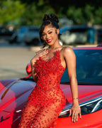 Red Hot - Sheer Illusion Beaded Mermaid Prom Dress with 3D Florals