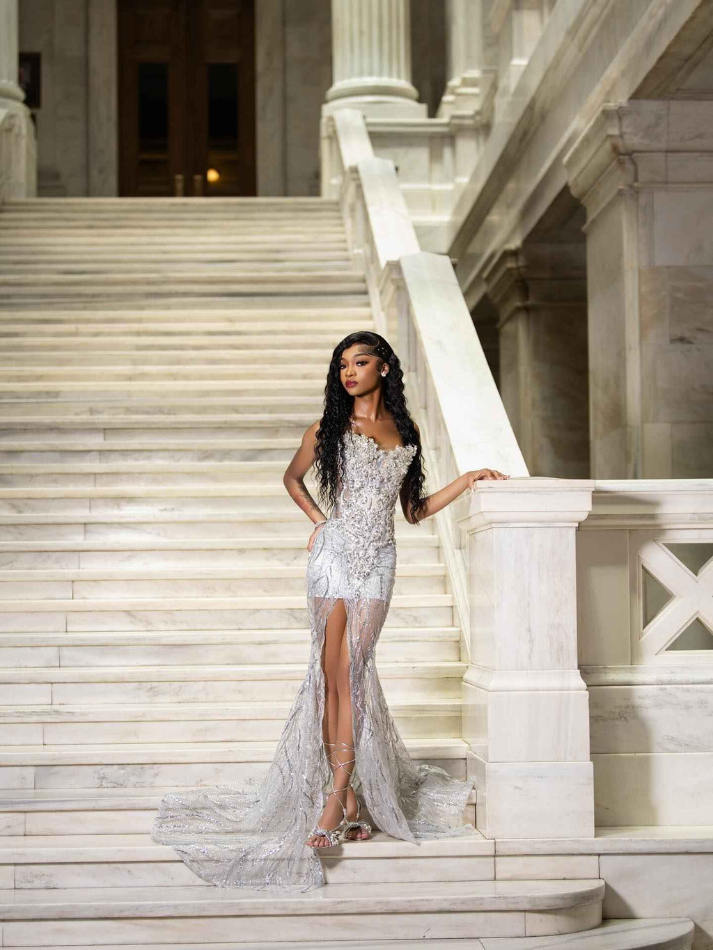 The Silver Feather - 2026 Crystal Beaded Illusion Gown: Sweetheart Neckline with Sheer Bodice, High Slit & White Feather Cathedral Train