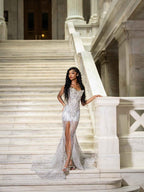 The Silver Feather - 2026 Crystal Beaded Illusion Gown: Sweetheart Neckline with Sheer Bodice, High Slit & White Feather Cathedral Train