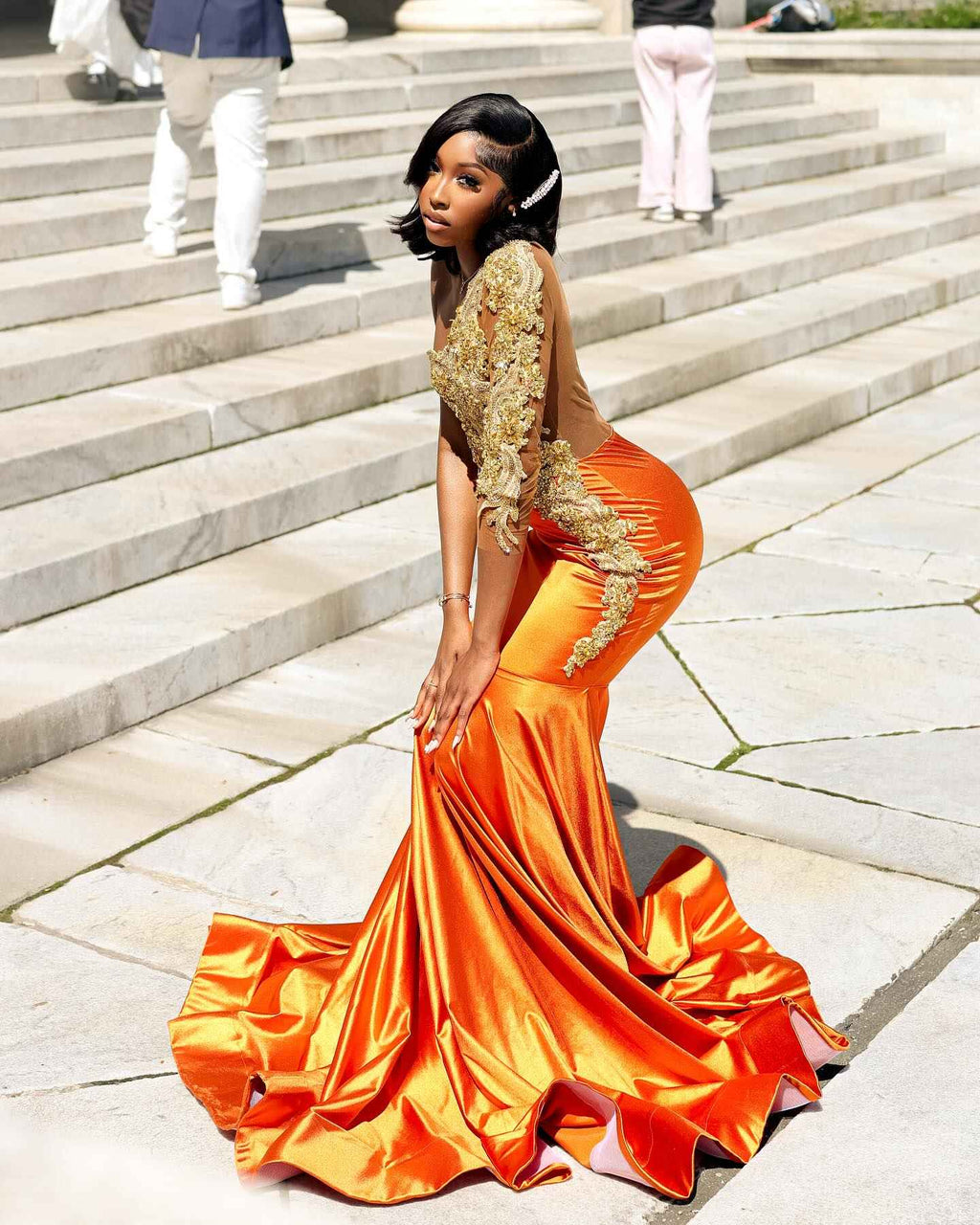 The Golden Hour - 2026 Orange Ombre Satin Mermaid Gown: One-Shoulder Gold Lace Appliqué with Sheer Illusion Bodice & Cathedral Train