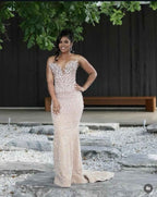 Champagne Radiance - Crystal Beaded Mermaid Prom Dress with Floral Details