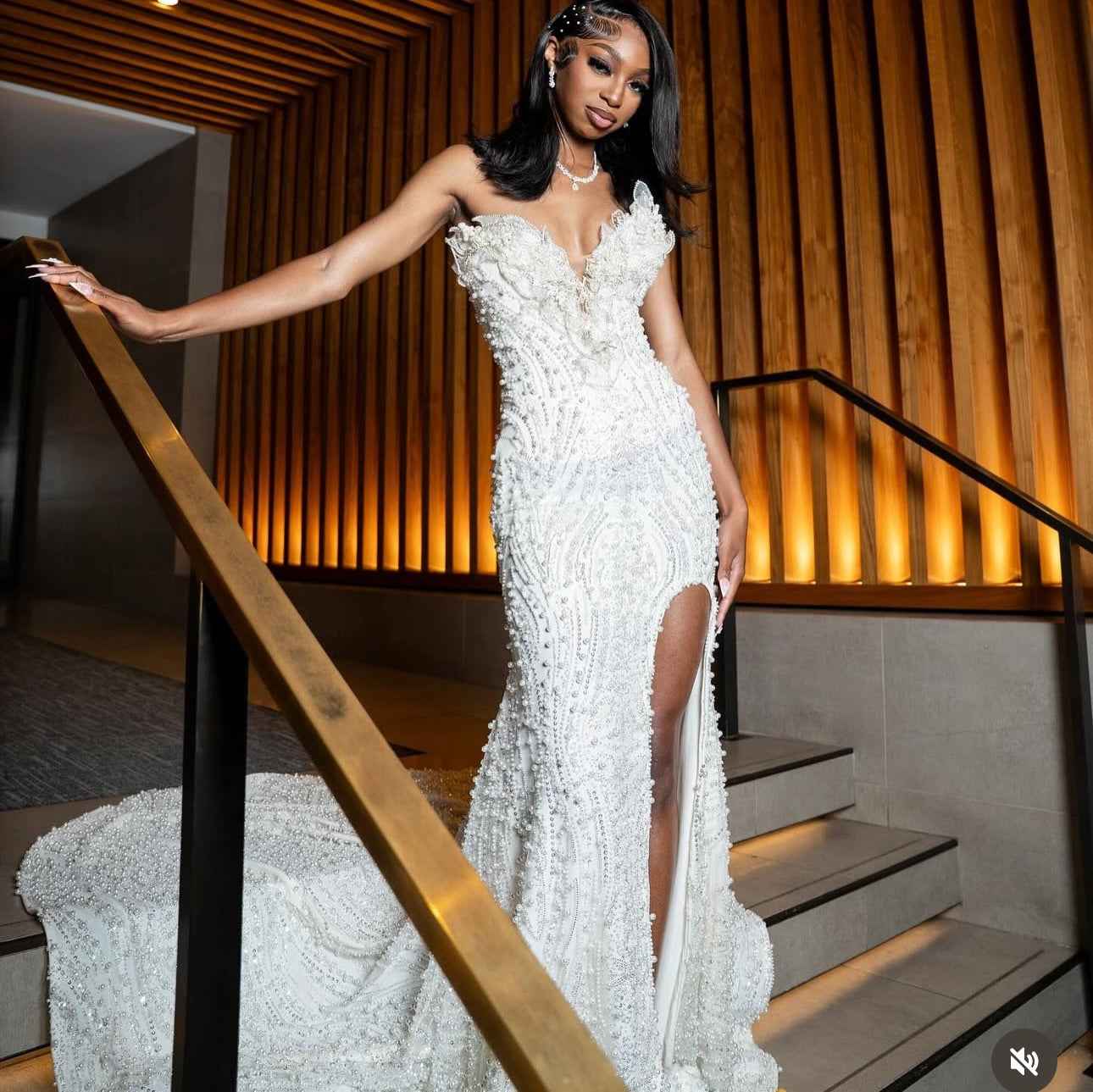 White Enchantment - Beaded Floral Mermaid Prom Dress with Crystal Details