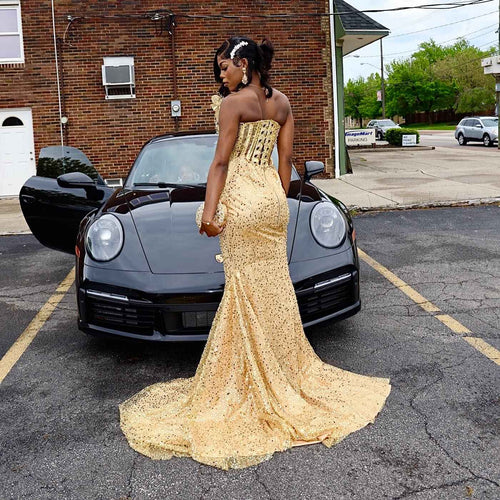 24K Gold - Sequined Corset Mermaid Prom Dress with 3D Florals
