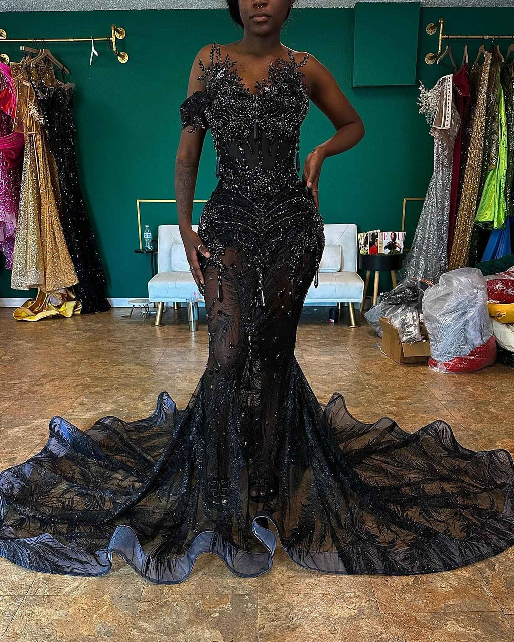 Black Elegance - 3D Floral Beaded Mermaid Prom Dress with Ruffle Train