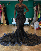 Black Elegance - 3D Floral Beaded Mermaid Prom Dress with Ruffle Train