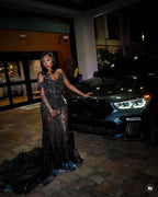 Black Elegance - 3D Floral Beaded Mermaid Prom Dress with Ruffle Train