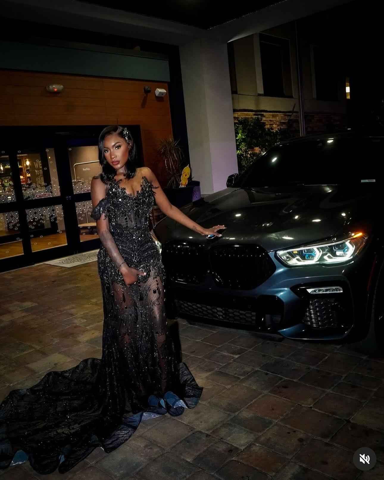 Black Elegance - 3D Floral Beaded Mermaid Prom Dress with Ruffle Train