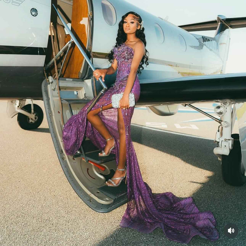 Purple Royalty - Sequined Mermaid Prom Dress with 3D Florals & Train