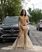 Golden Goddess - Luxury Beaded Mermaid Prom Dress with 3D Florals & Fringe BMBRIDE