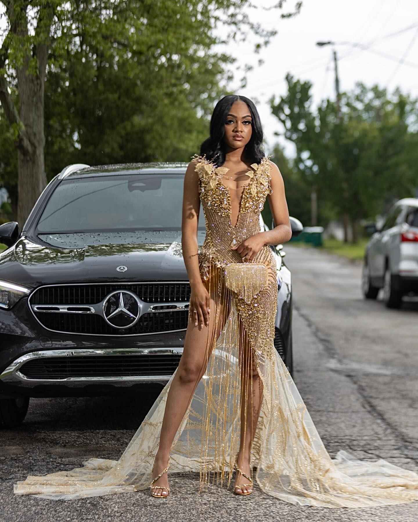 Golden Goddess - Luxury Beaded Mermaid Prom Dress with 3D Florals & Fringe BMBRIDE