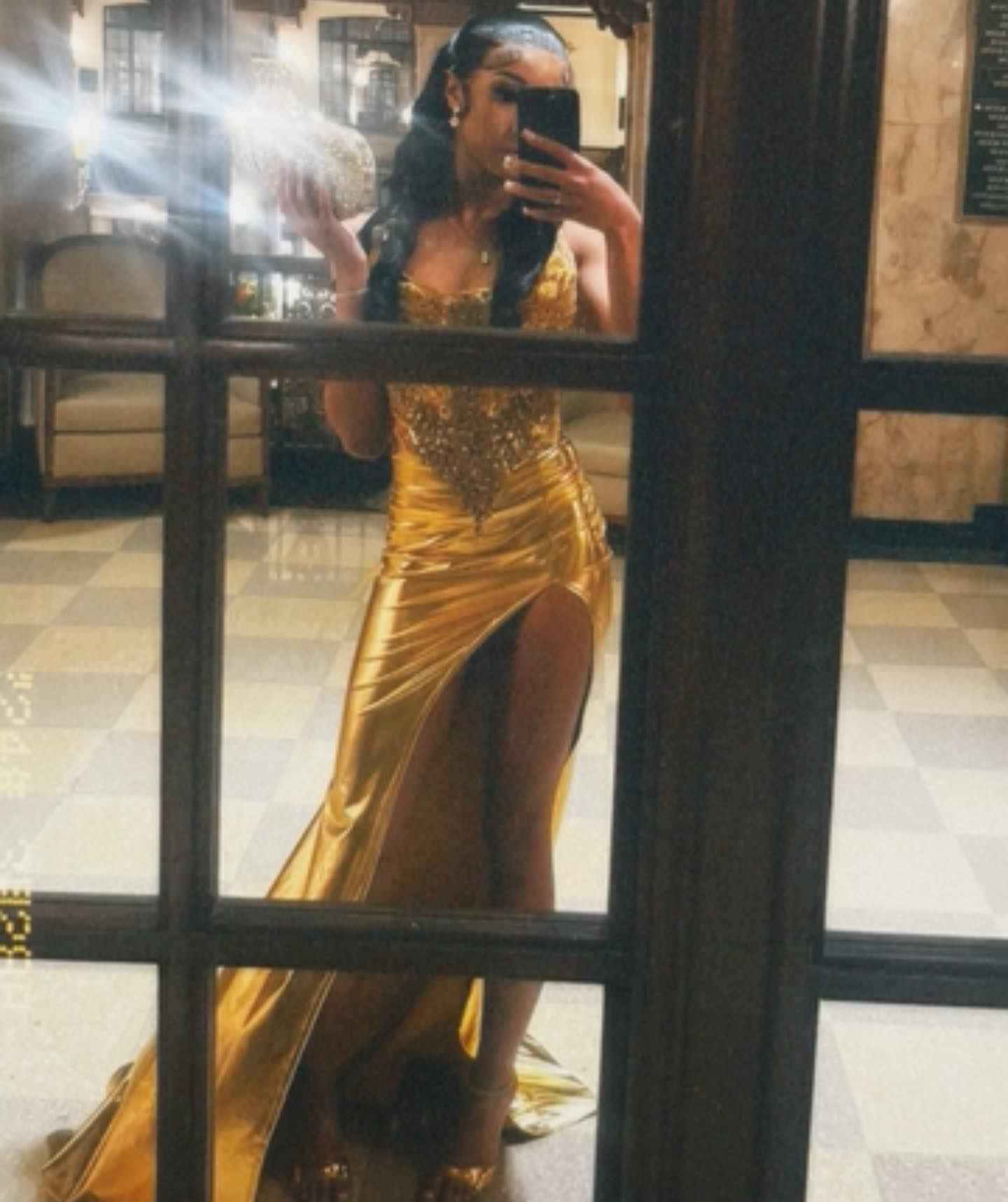Golden Muse - Beaded Satin Mermaid Prom Dress with High Slit