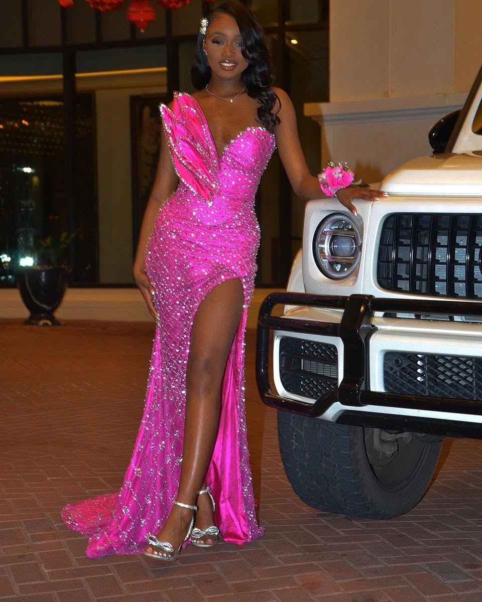 Hot Pink Sparkle - Sequined Prom Dress with One Shoulder & High Slit