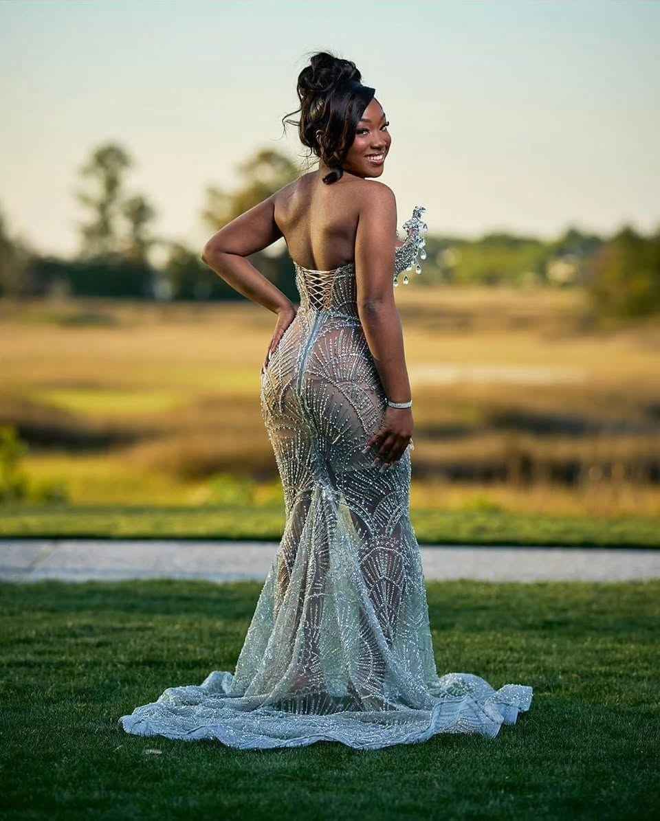 Silver Deco - Art Deco Beaded Prom Dress with Lace-Up Back & 3D Florals