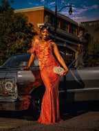 Inferno Queen - Orange Sequin Beaded Mermaid Gown with Dramatic Cape & Beaded Hood