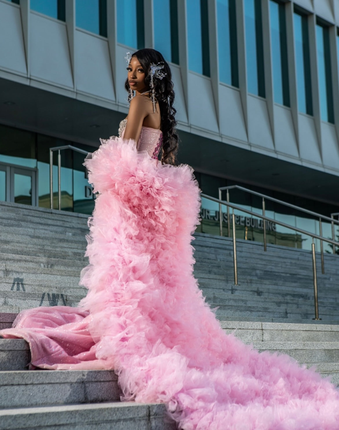 The Pink Princess - 2026 Crystal Beaded Mermaid Gown: Blush Pink with Silver Geometric Crystals & Dramatic Tulle Ruffle Overskirt