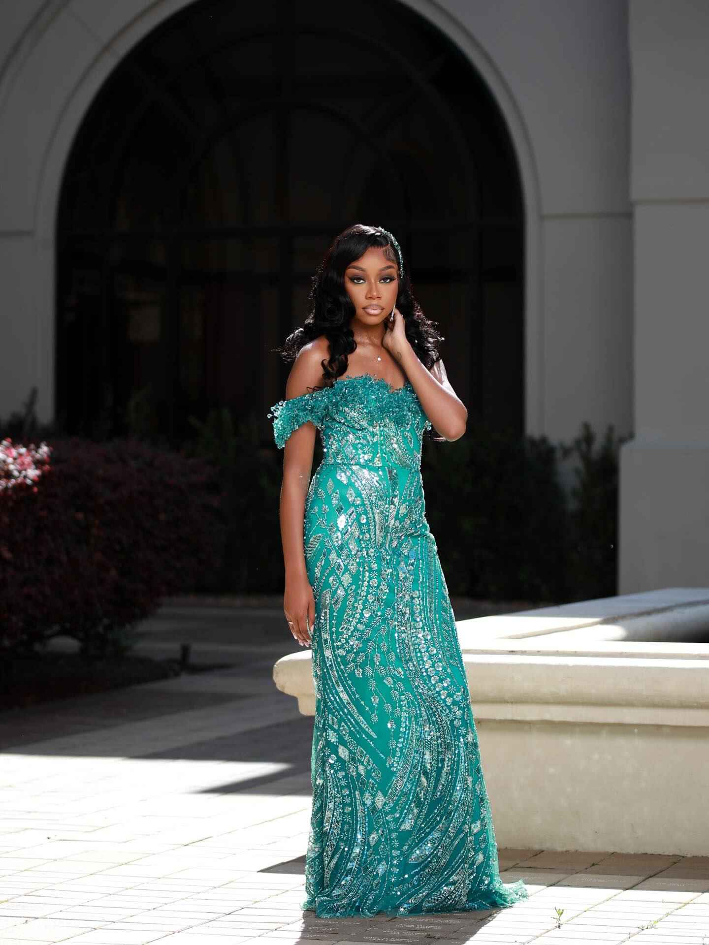 Emerald Dream - Off-Shoulder Sequin Beaded Mermaid Prom Dress with 3D Floral Details