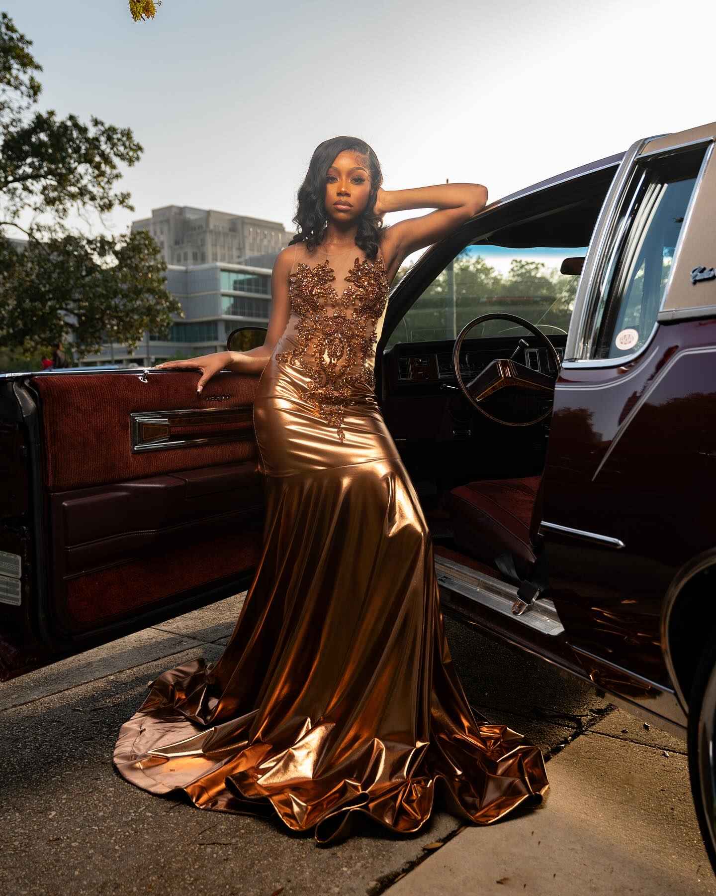 Copper Luxe - Metallic Satin Beaded Mermaid Prom Dress with Sheer Crystal Bodice