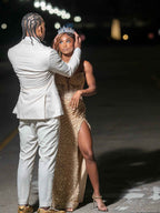 Golden Hour - Gold Sequin Strapless Corset Mermaid Prom Dress with Thigh Slit BMBRIDE