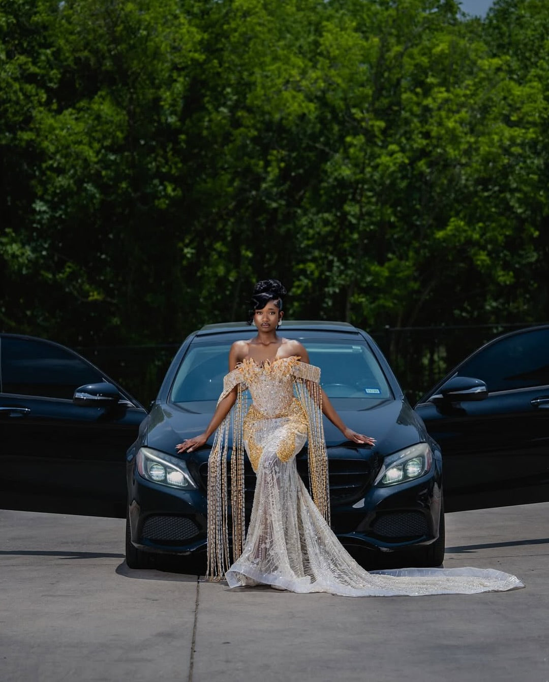 The Golden Empire - 2026 Beaded Mermaid Gown: Off-Shoulder with Dramatic Beaded Fringe Cape & Sheer Mesh Panels