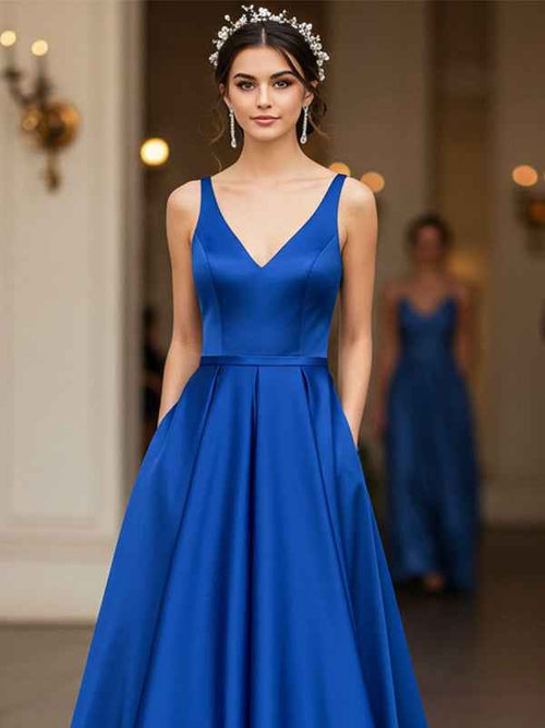 Royal Blue Sheath/Column V-Neck Floor-Length Satin Prom Dress BMBRIDE