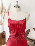 Red Mermaid Corset Spaghetti Straps Long Prom Dress with Appliques