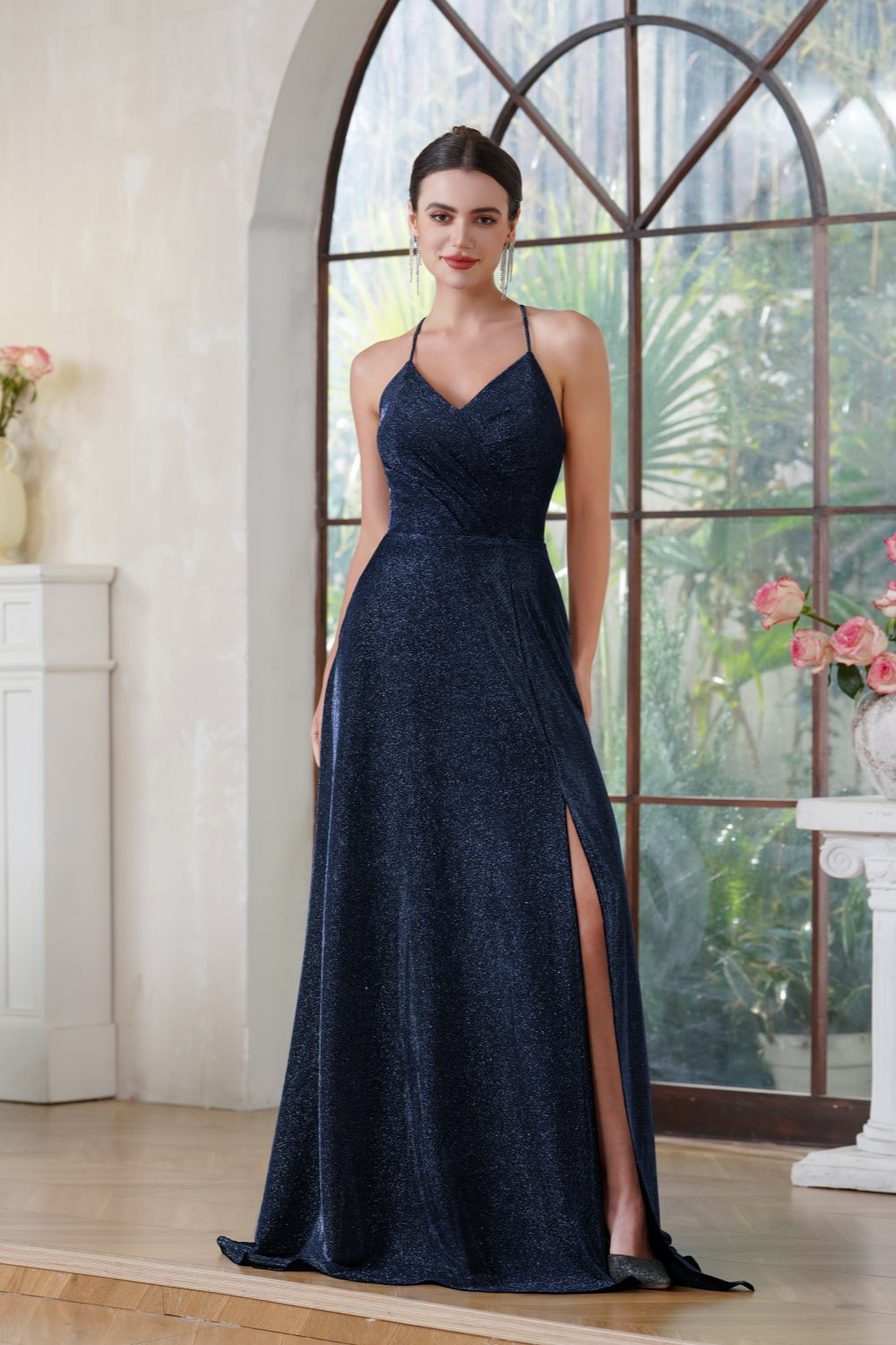 Halter Shiny Silk Long Prom Dress V-Neck Pleated Side Slit Party Dress with Pocket BMbride
