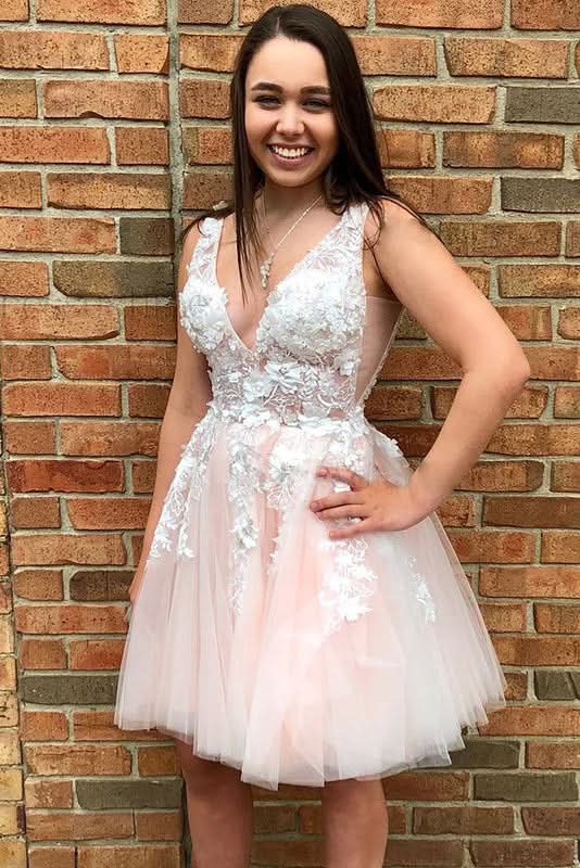 Elegant A-line V Neck Tulle Applique Homecoming Dress BM bride