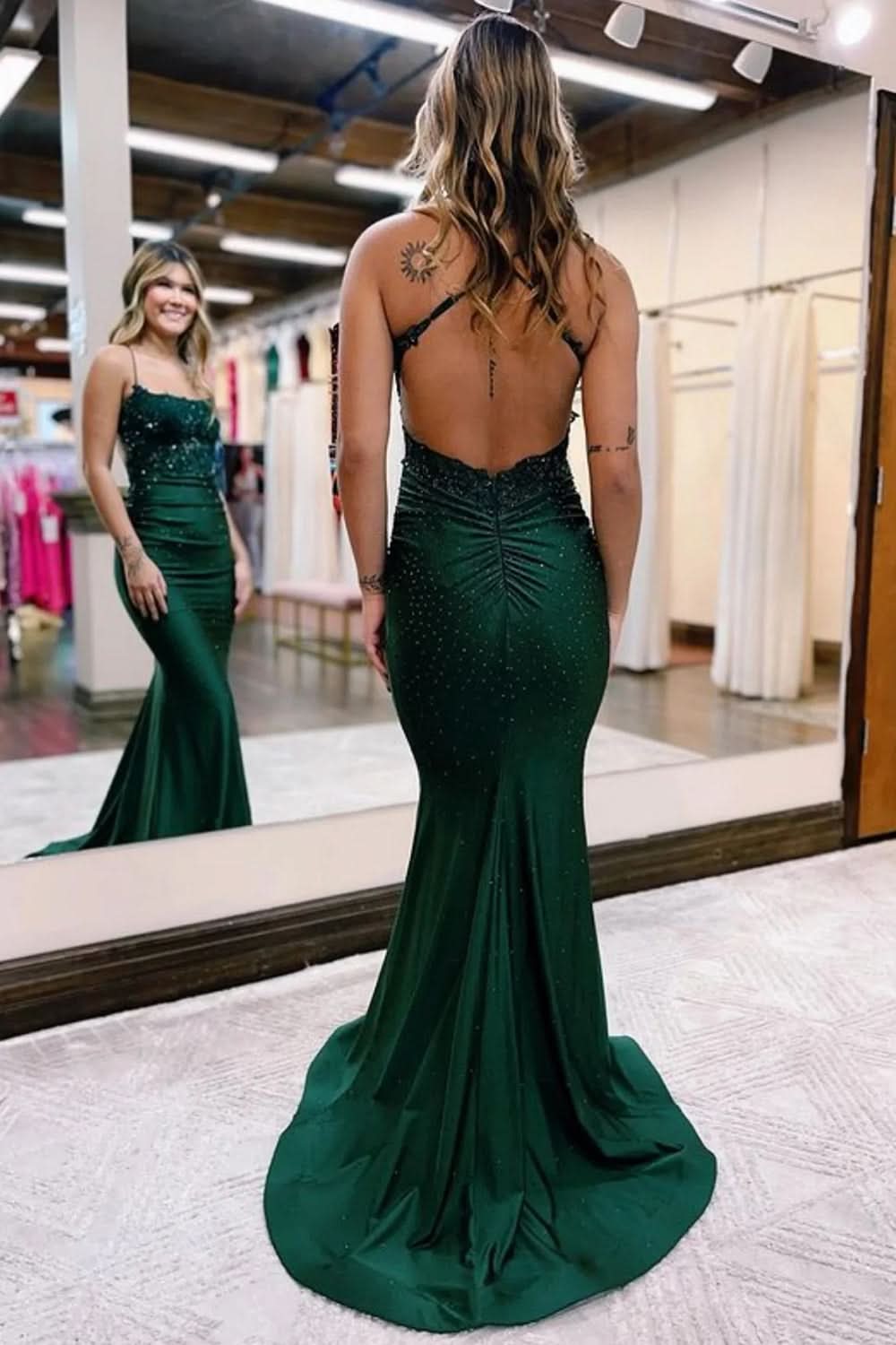 Stunning Mermaid Spaghetti Straps Dark Green Long Prom Dress Adorned with Lovely Appliques BM bride