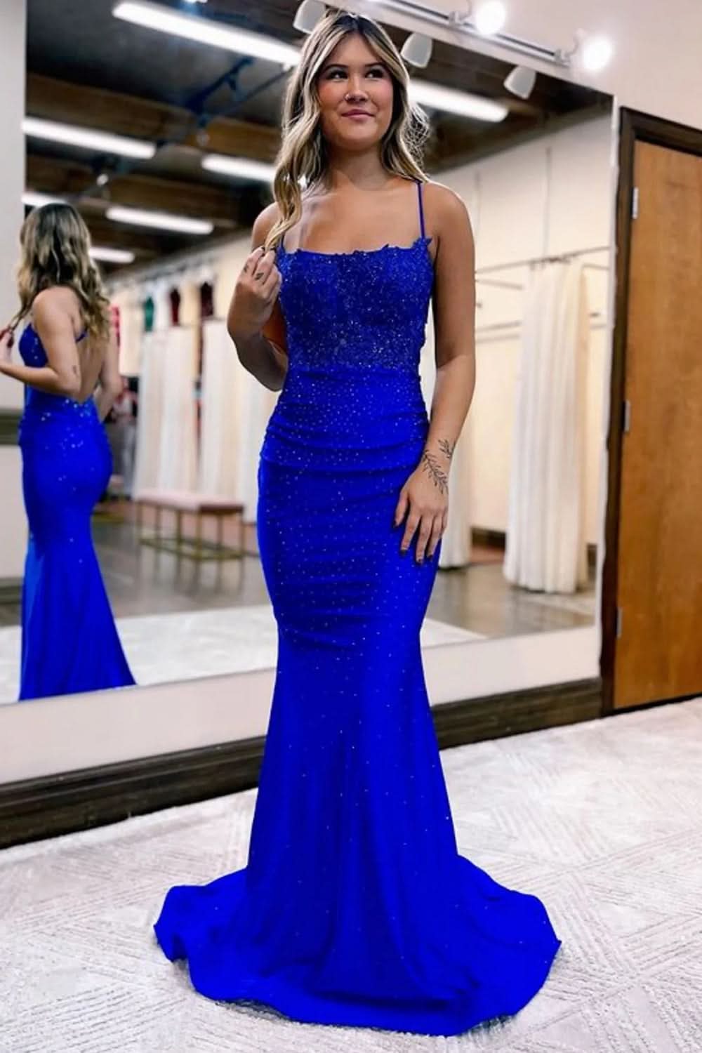 Stunning Mermaid Spaghetti Straps Dark Green Long Prom Dress Adorned with Lovely Appliques BM bride