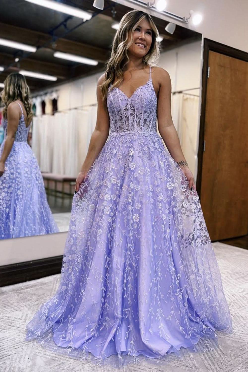 Lilac Corset Prom Dress with Charming Appliques and Beautiful Spaghetti Straps BM bride